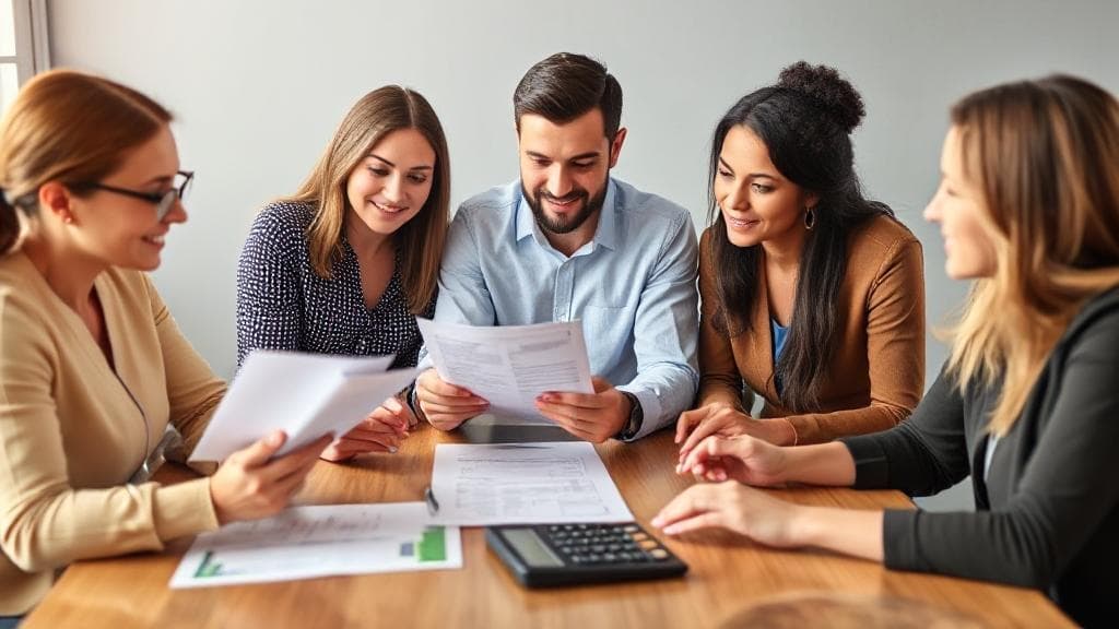 A diverse group of people reviewing financial documents and a calculator, symbolizing the mortgage approval process.