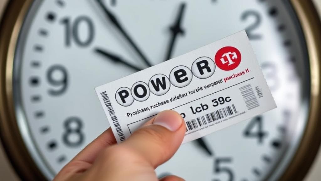 A close-up image of a hand holding a Powerball ticket against a backdrop of a clock, symbolizing the urgency of purchase deadlines.