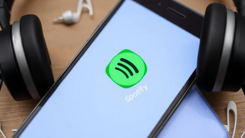 A smartphone displaying the Spotify app with a download icon, surrounded by musical notes and headphones.