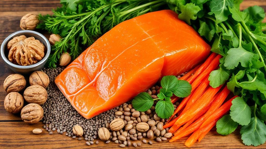 A vibrant assortment of salmon, walnuts, chia seeds, and leafy greens arranged on a wooden table, highlighting natural sources of omega-3 fatty acids.