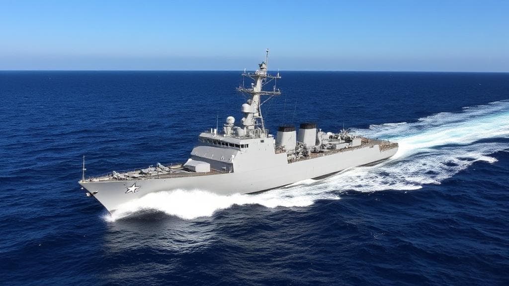 A majestic naval ship cutting through the ocean waves under a clear blue sky, symbolizing the strength and versatility of the Navy.