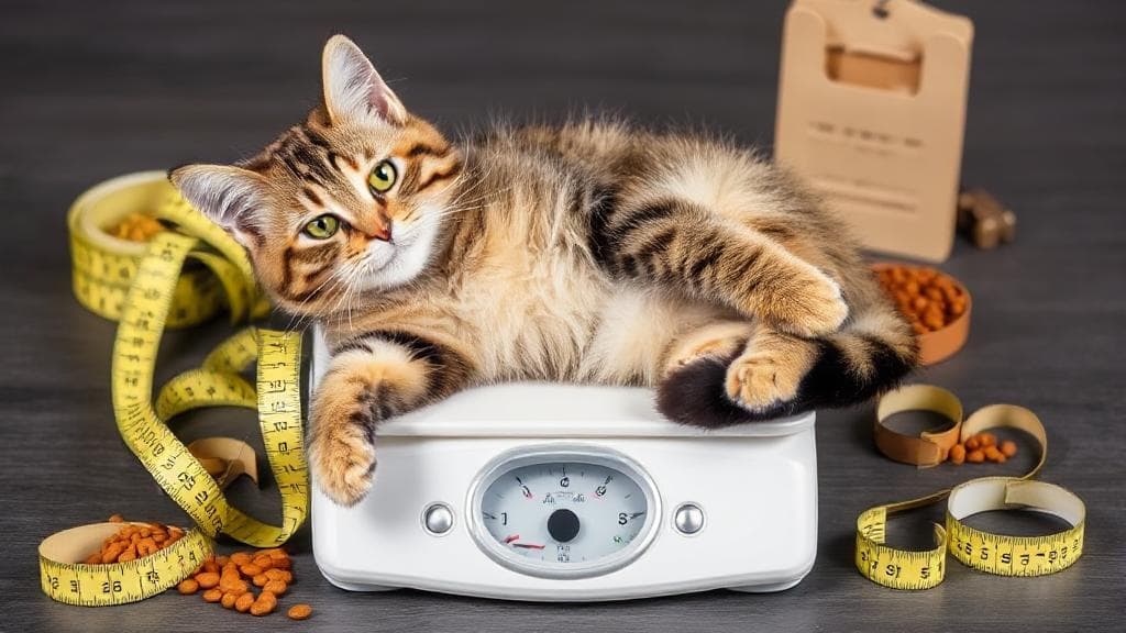 A playful tabby cat lounging on a scale, surrounded by measuring tapes and cat food, illustrating the various factors affecting feline size.
