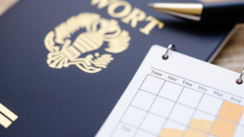 A close-up image of a passport with a calendar and a pen, symbolizing planning and renewal timelines.