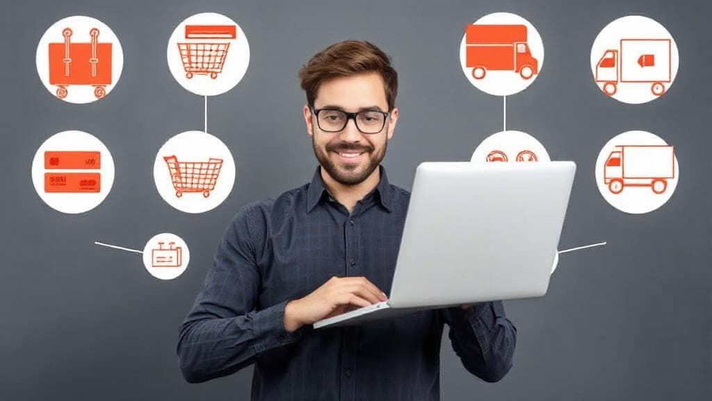 A person confidently shopping online using a laptop, surrounded by icons of shopping carts, credit cards, and delivery trucks.