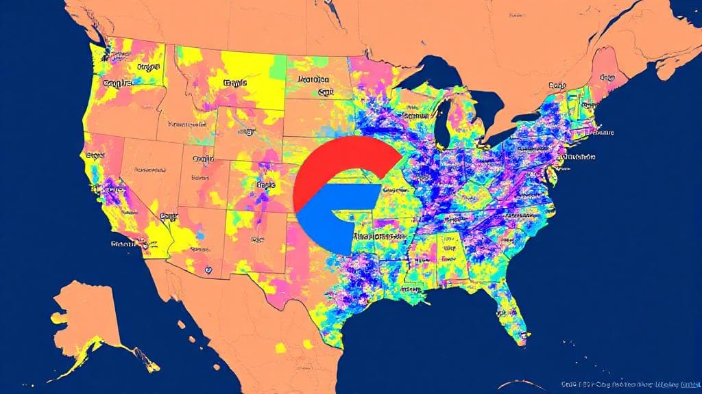 A vibrant map highlighting cities and regions with Google Fiber availability, overlaid with the Google Fiber logo.
