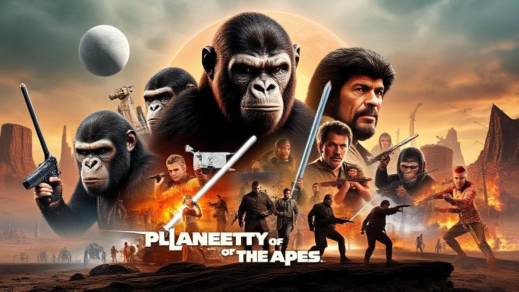 A dynamic collage featuring iconic scenes and characters from the Planet of the Apes film series, set against a backdrop of a dystopian landscape.