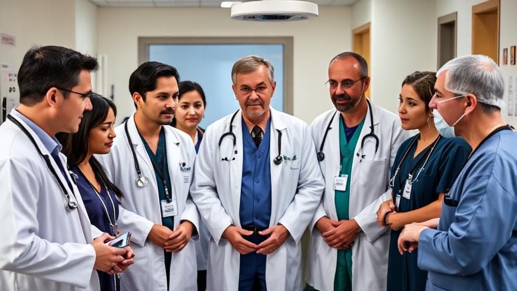 A diverse group of medical professionals, including oncologists, pulmonologists, and thoracic surgeons, collaborating in a hospital setting.
