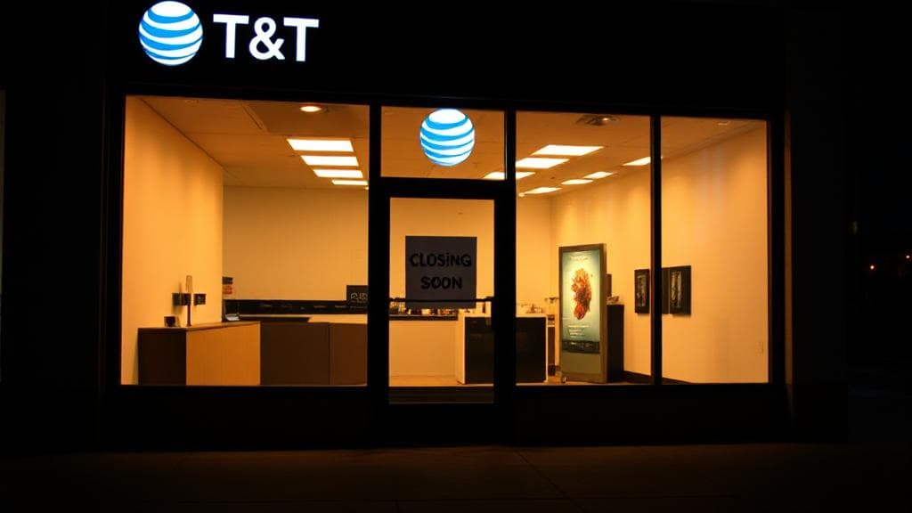 A dimly lit AT&T store with a "Closing Soon" sign in the window, casting a warm glow on the sidewalk.