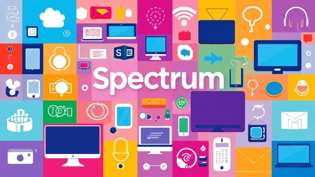 A vibrant collage of digital devices and communication icons representing Spectrum's diverse range of services.