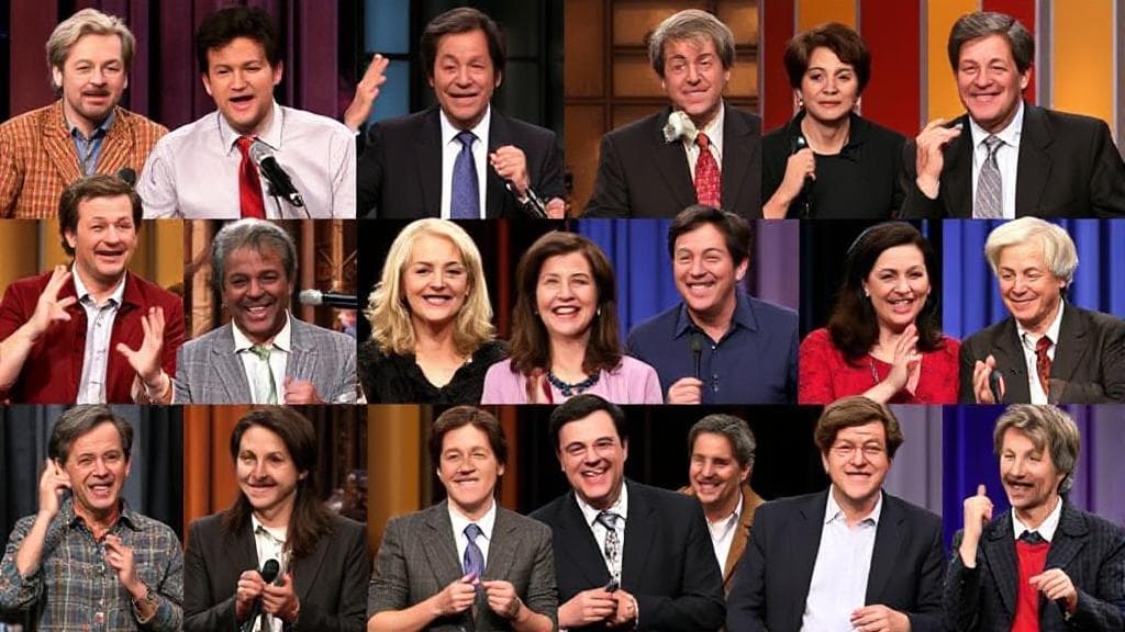 A lively collage of the "Whose Line Is It Anyway?" cast in action, featuring iconic improv moments and audience laughter.