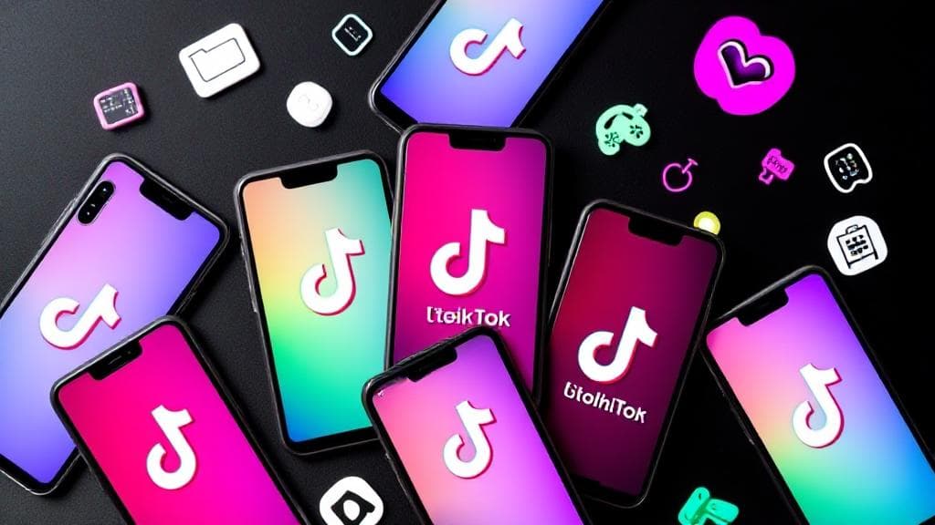 A vibrant collage of smartphones displaying TikTok's logo, surrounded by mature-themed icons and symbols, set against a sleek, dark background.