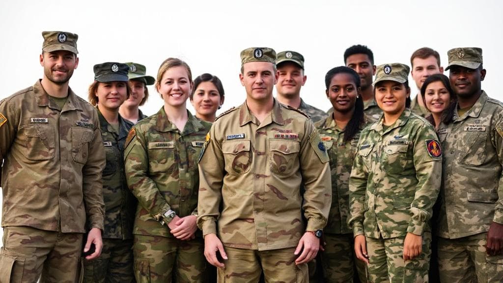 A diverse group of military personnel from different branches standing together, symbolizing unity and purpose.