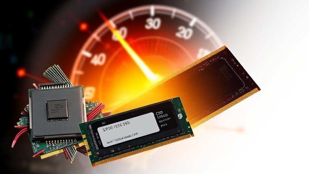 A dynamic collage of computer hardware components, including a CPU, RAM sticks, and an SSD, set against a backdrop of a speedometer to symbolize enhanced performance.