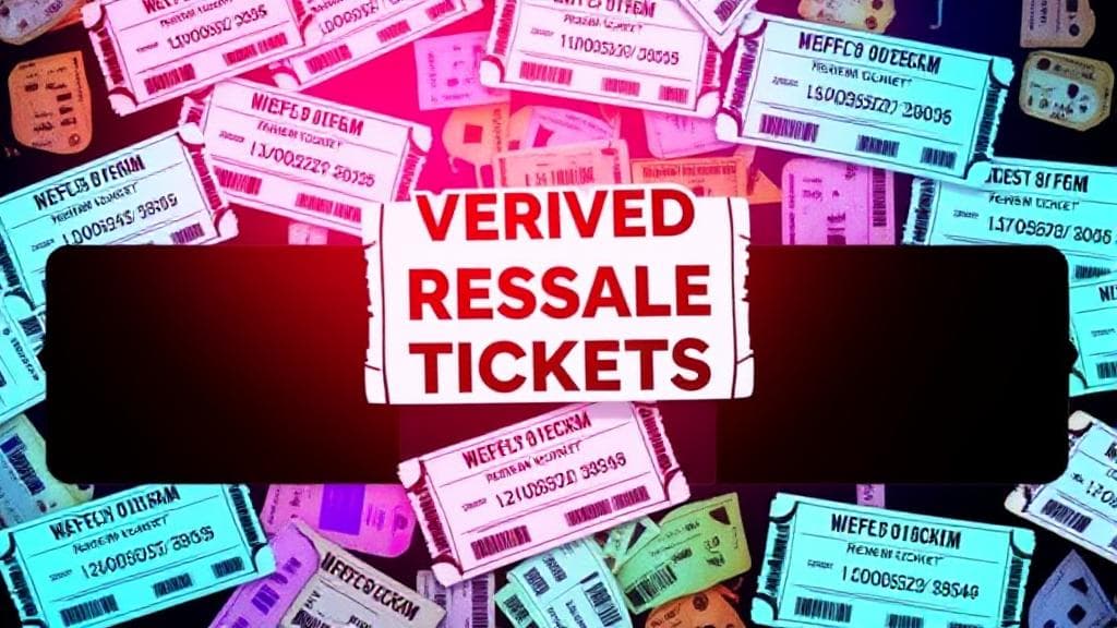 A vibrant collage of concert tickets and digital screens symbolizing the concept of verified resale tickets.