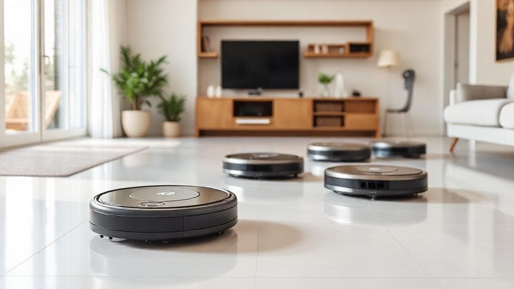 A lineup of sleek, modern robot vacuums gliding across a spotless living room floor in a bright, contemporary home.