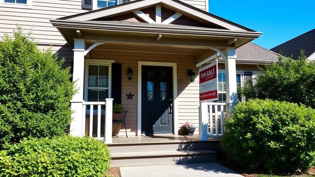 A welcoming front porch with a "For Sale" sign, surrounded by lush greenery and a clear blue sky.