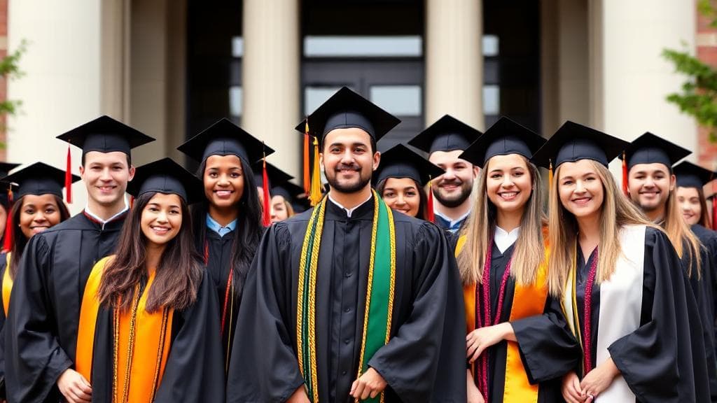 A diverse group of students in graduation caps and gowns, standing in front of a university building, symbolizing the culmination of their doctoral journey.