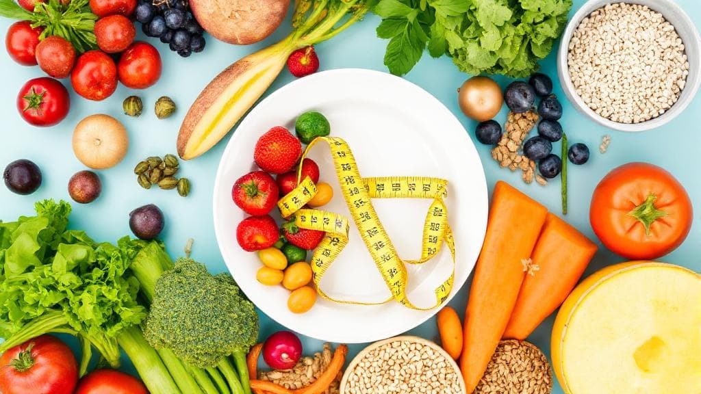 A colorful array of fresh fruits, vegetables, and whole grains arranged around a plate with a measuring tape, symbolizing a balanced diet for those on semaglutide.