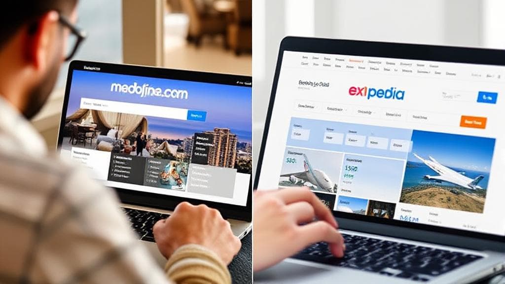 A split-screen image showing a traveler comparing hotel and flight deals on Booking.com and Expedia websites on a laptop.