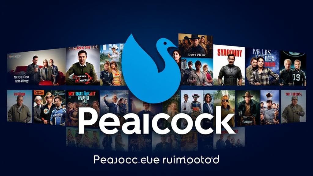 A vibrant collage of popular TV shows and movies available on Peacock, set against a backdrop of the Peacock logo, enticing viewers to explore the streaming service.