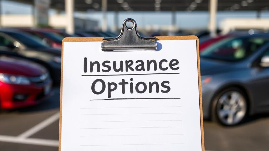 A header image depicting a used car dealership lot with a focus on a car and a clipboard labeled "Insurance Options."
