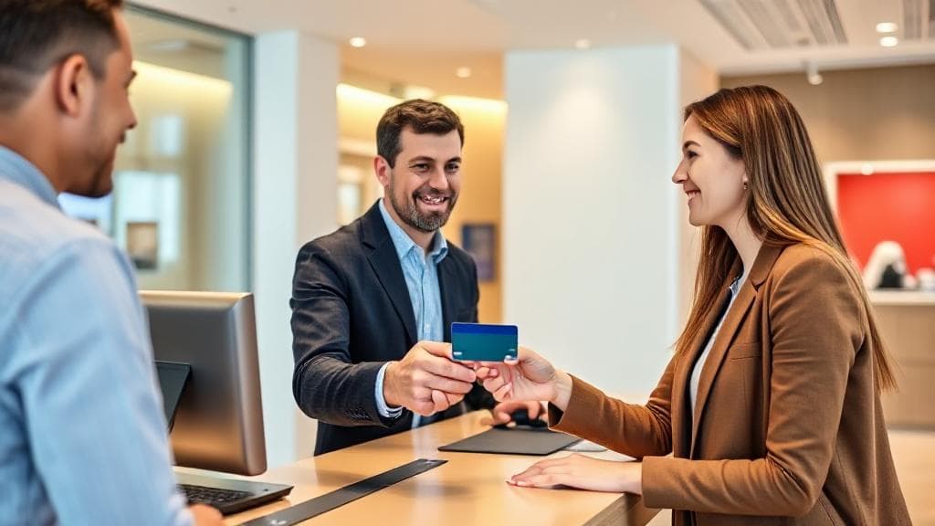 A sleek, modern bank interior with a customer receiving a freshly issued debit card from a smiling bank teller.