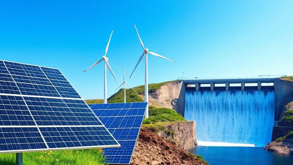 A vibrant collage of solar panels, wind turbines, and a hydroelectric dam set against a clear blue sky, symbolizing diverse renewable energy sources.