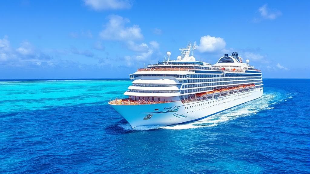A vibrant image of a cruise ship sailing through the turquoise waters of the Bahamas, with passengers enjoying the sun on deck.