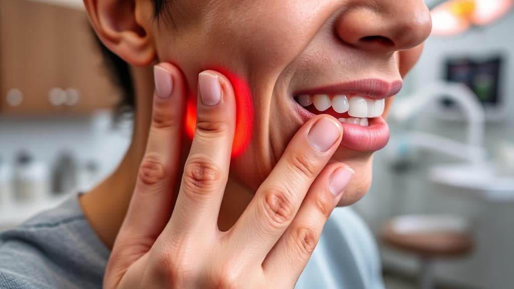 A close-up image of a person gently touching their cheek, indicating discomfort from a toothache, with a dentist's office in the background.