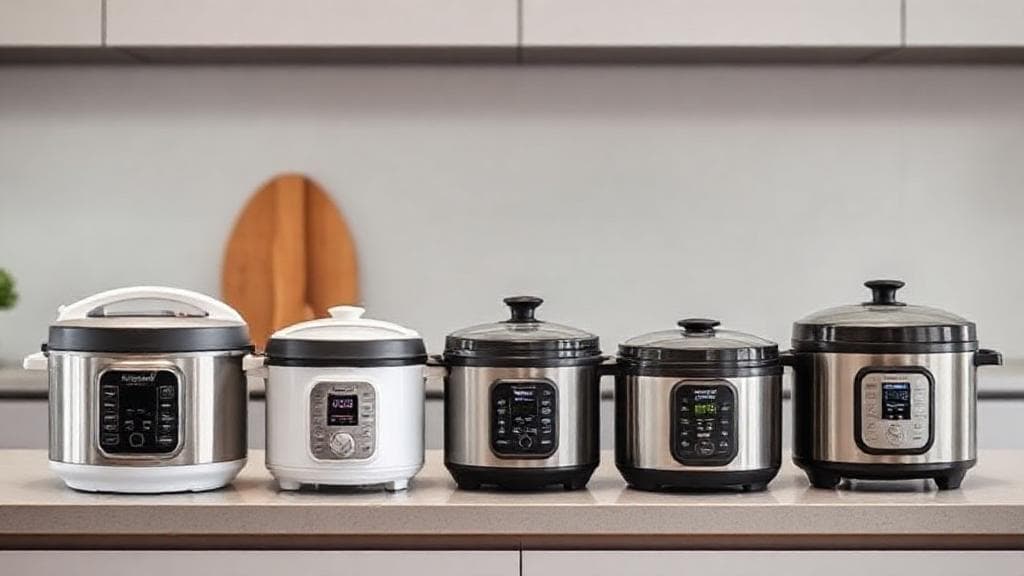 A sleek lineup of modern rice cookers in various sizes and styles displayed on a contemporary kitchen countertop.