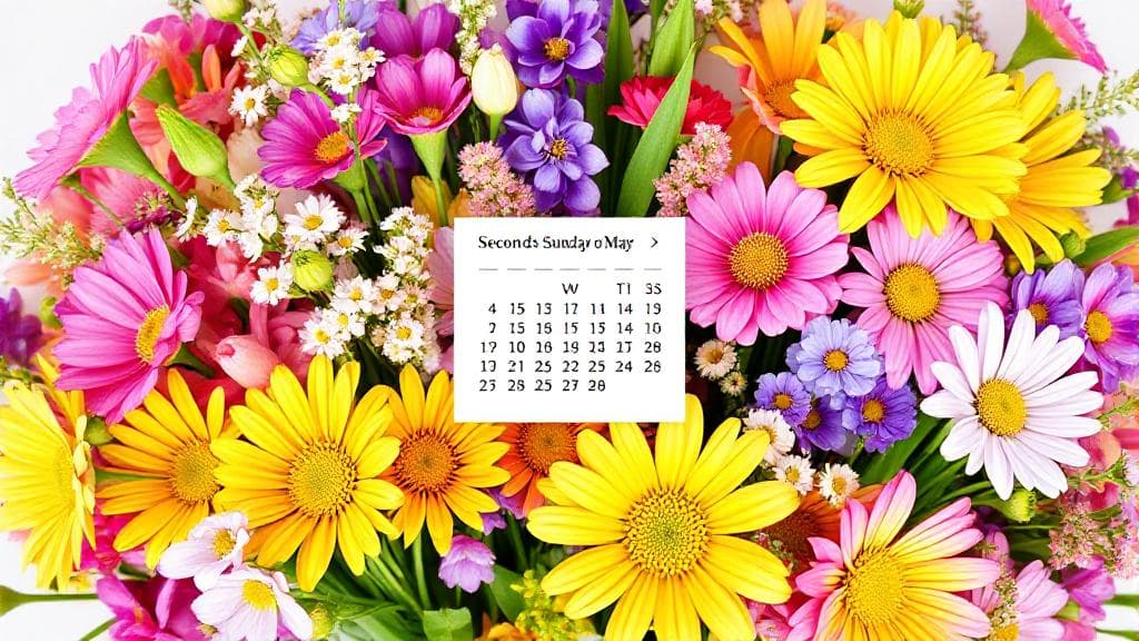 A vibrant bouquet of spring flowers with a calendar marked on the second Sunday of May.