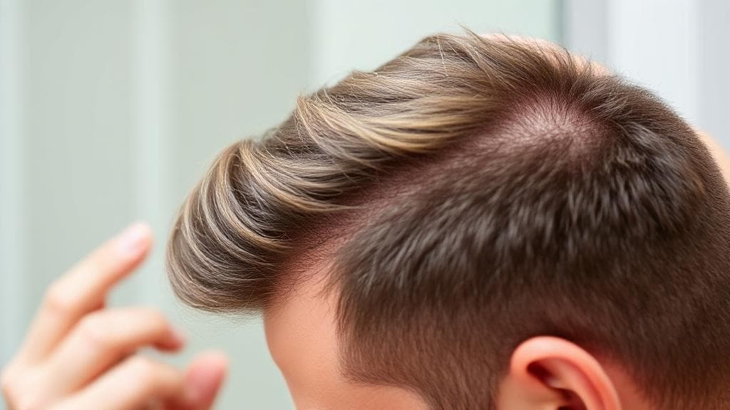 A close-up image of a man examining his hair in the mirror, highlighting both thinning and regrowth areas.