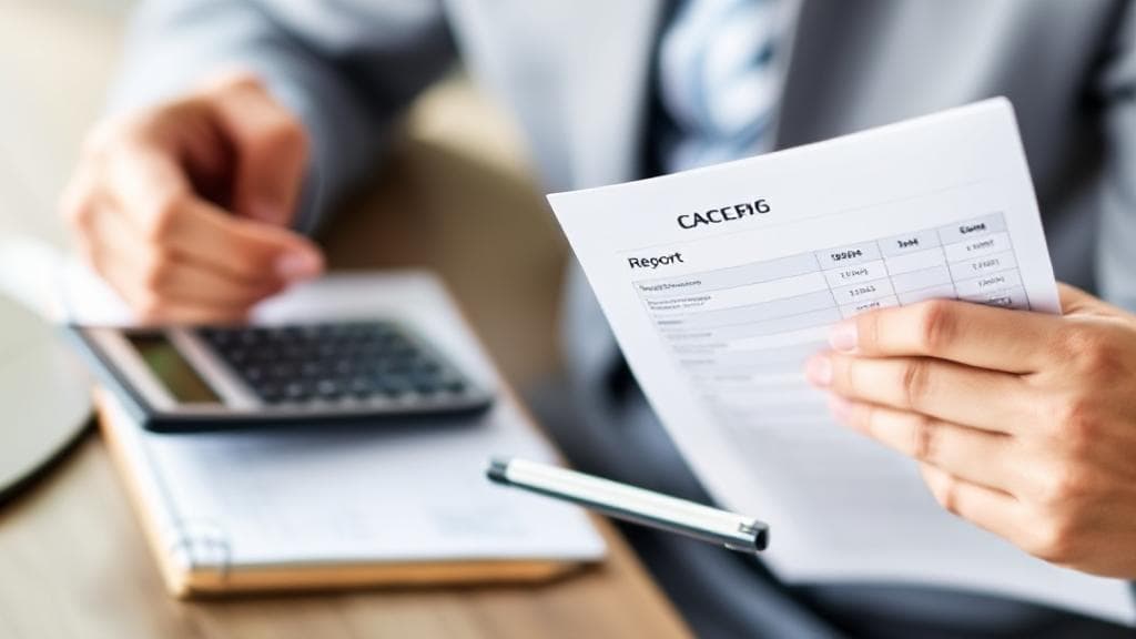A thoughtful image of a person reviewing their credit report with a calculator and notepad, symbolizing financial decision-making.