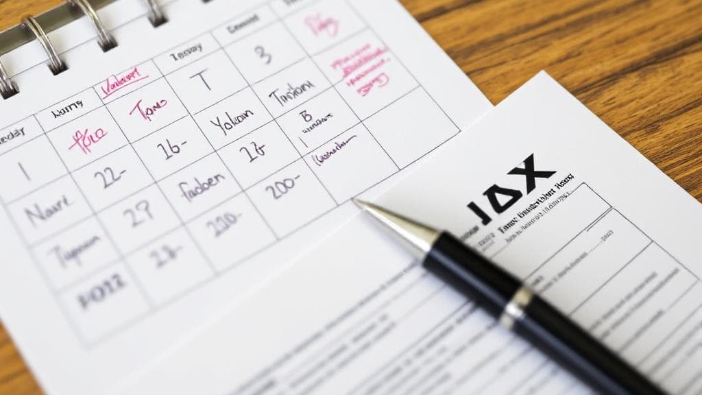 A calendar marked with important tax deadlines and a pen resting on a tax form.