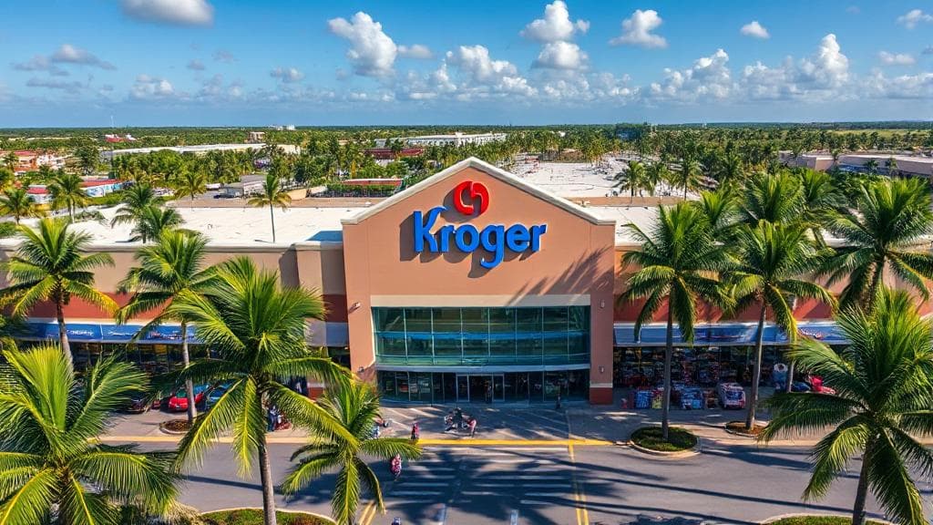 A vibrant aerial view of a bustling Kroger store surrounded by palm trees in a sunny Florida setting.