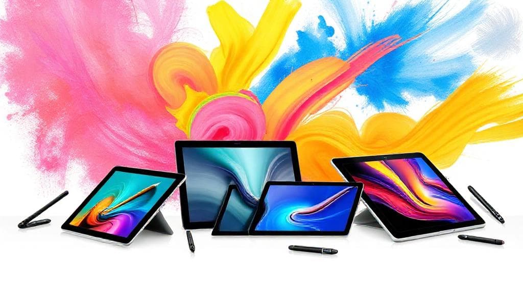 A vibrant header image showcasing a diverse selection of sleek, modern tablets with digital pens, set against a creative backdrop of colorful digital artwork in progress.