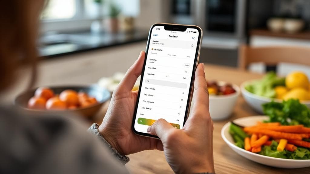 A person using a smartphone app to log meals and count calories at a kitchen table with healthy food.