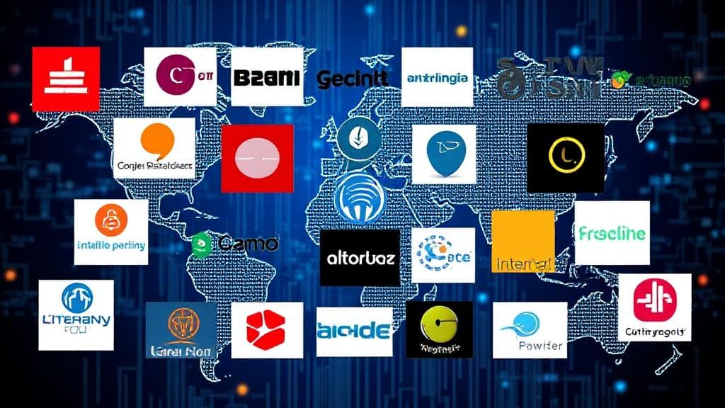 A collage of logos from leading internet service providers set against a backdrop of a digital world map.